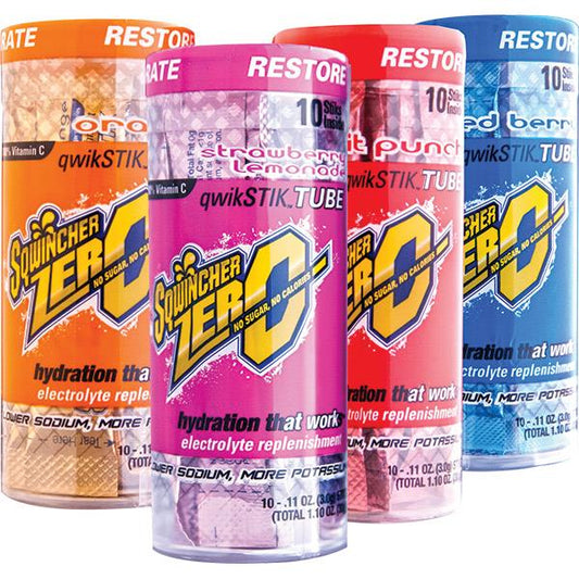 Sqwincher Qwik Stik Zero Single Serve, 0.11 oz Packs, 20 oz Yield, Assorted (Fruit Punch, Orange, Mixed Berry, & Strawberry Lemonade), 20 Tubes/10 Each