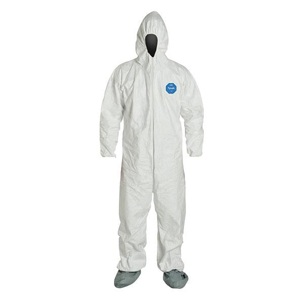 DuPont Tyvek 400 Coveralls with Respirator Fit Hood, Elastic Wrists and Attached Skid-Resistant Boots, 3X-Large, White, 25/Case