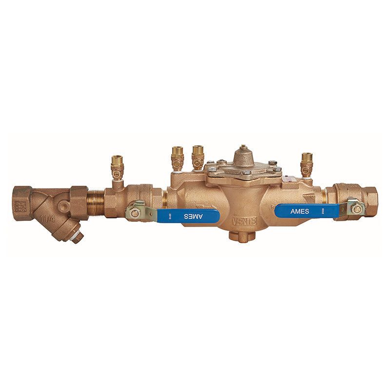 Ames® 1 1/4" 4000BM2-S Bronze Reduced Pressure Zone Assembly w/ Quarter Turn Ball Valve Shutoff, Bronze Strainer