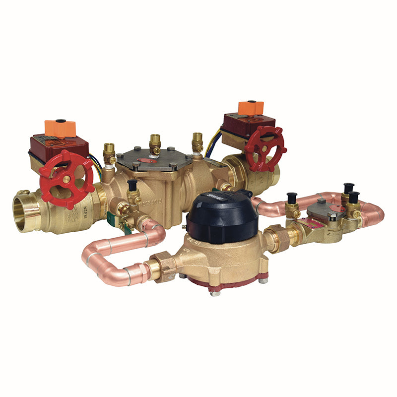 Ames® 2"  3000BM1-FP-CFM-GV Bronze Double Check Detector Assembly,  Gear Operated Ball Valve Shutoffs, Pre-Wired Tamper Switches, Grooved Ends, Cubic Feet Meter