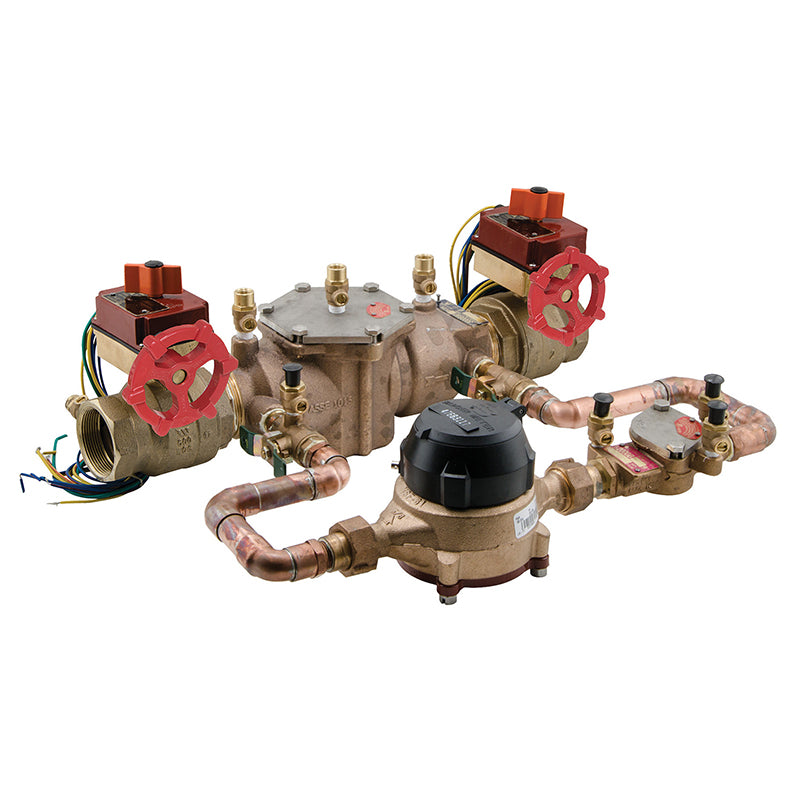 Ames® 2" 3000BM1-FP-CFM  Bronze Double Check Detector Assembly, Right Hand Close Gear Operated Ball Valves, Pre-Wired Tamper Switches, Cubic Feet Meter