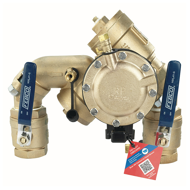Febco® 1 1/2" 825YA-QT-FS Reduced Pressure Zone Assembly, N Pattern,  Quarter Turn Shutoff, Angle Union Connections, Flood Sensor