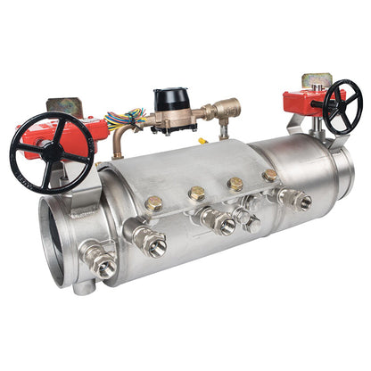 Deringer 6" D-6030X-CFM Double Check Detector Assembly, Low Head Loss, Integral Butterfly Valves, Grooved Ends, Dual-Action Checks,  Cubic Feet Meter