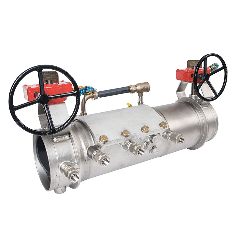 Deringer 8" D-8030-LM Double Check Detector Assembly, Integral Butterfly Valves, Grooved Ends, Dual-Action Checks, Less Meter