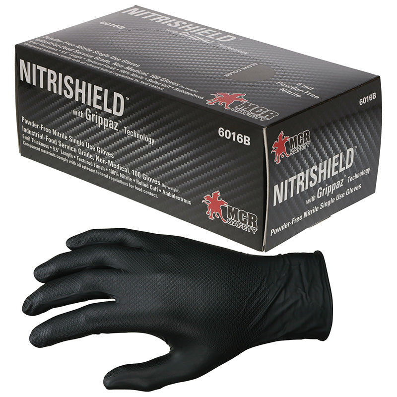 MCR Safety® NitriShield® Grippaz™ Disposable Nitrile Gloves, Powder-Free, 6 mil, 2X-Large, Black, 10 Boxes/100 Each