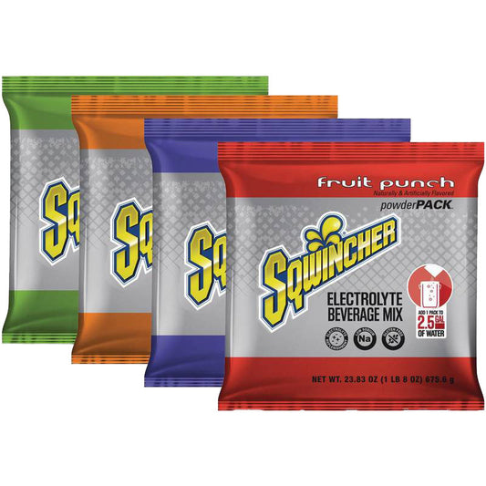 Sqwincher® Regular Powder Packs, 23.83 oz Packs, 2.5 gal Yield, Assorted Flavors, 32/Case