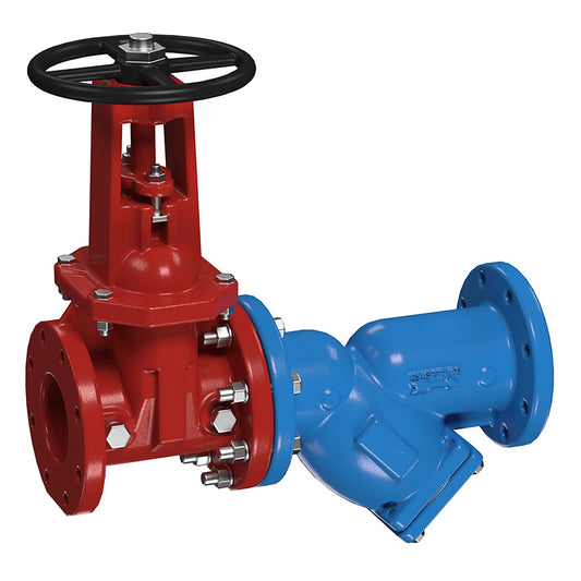 Watts 2 1/2" Cast Iron Wye Pattern Strainer, Flange, Tapped Retainer Cap, Closure Plug, Epoxy Coated, with upstream OSY Shutoff Valve